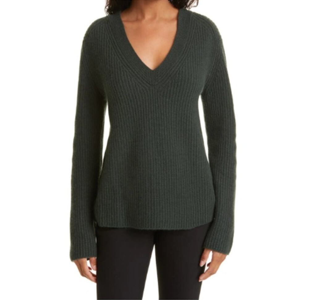 Vince V-Neck Shaker Green Ribbed Wool & Cashmere Sweater XS